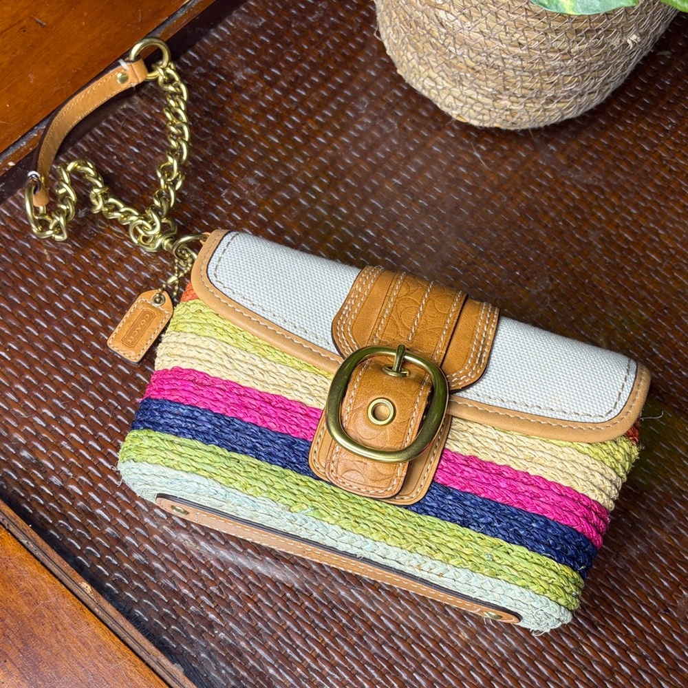 COACH Leather-Trim Multicolor Straw wristlet Bag